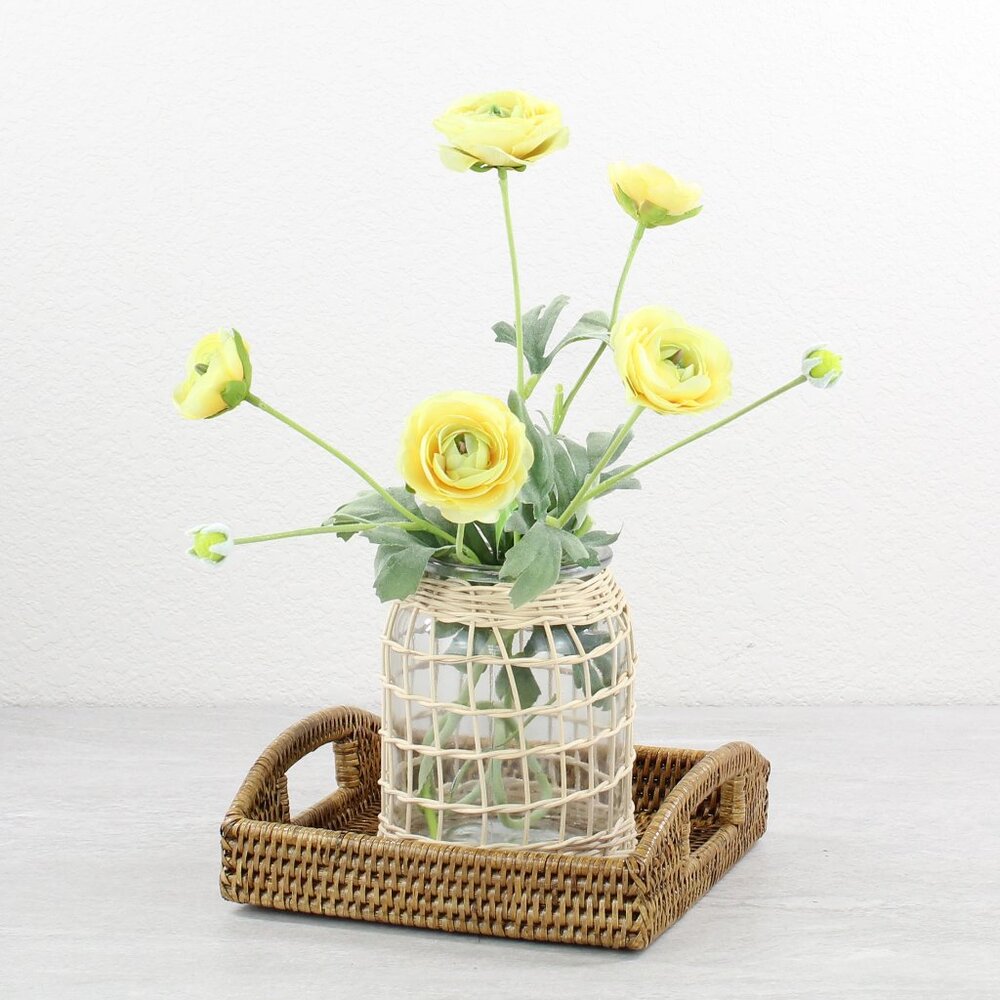 NEW Chic Small Square Tight Woven Rattan Tray with Handles, Honey Brown